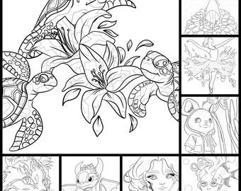 Könnte beinhalten: Eine Malvorlage mit verschiedenen Bildern, darunter eine Meeresschildkröte, eine Blume, ein Drache, eine Katze, eine Ballerina und eine Meerjungfrau. Die Bilder sind alle in Schwarzweiß.