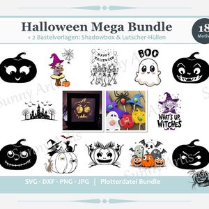 Könnte beinhalten: Ein digitales Halloween-Mega-Bundle mit 18 Motiven, darunter schwarze Silhouetten von Kürbissen, ein Spukschloss, Skelette, ein Geist und eine Hexe. Die Sammlung enthält Textelemente wie Happy Halloween und What's Up Witches.