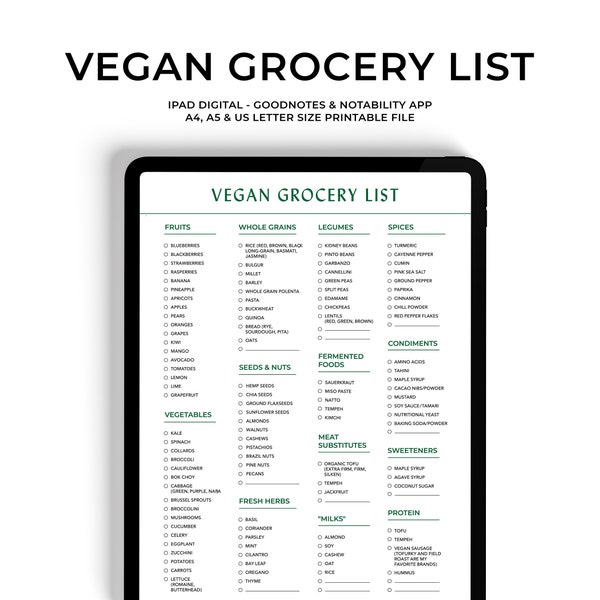 Healthy Grocery List | Printable Vegan Grocery Checklist | Digital Vegetarian Shopping List | Plant Based Food List PDF