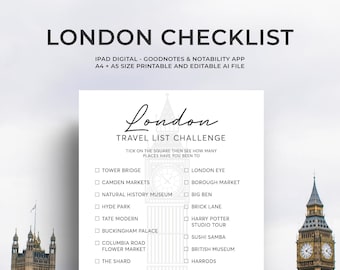 London Travel Checklist & Travel list, Printable, London Vacation Ideas, London Bucket List, London Itinerary, Vacation Ideas, A5, A4