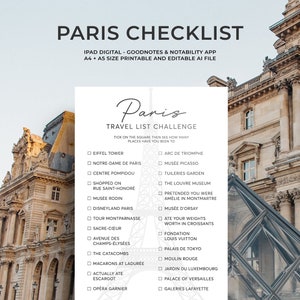 Lista de verificação de viagens e lista de viagens de PARIS, para impressão, ideias de férias em Paris, lista de viagens de Paris, itinerário de Paris, ideias de férias, A5, A4
