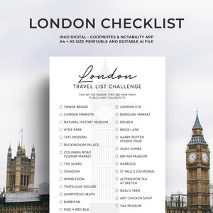 London Reise-Checkliste & Reiseliste, druckbar, London Urlaub Ideen, London Bucket Liste, London Reiseplan, Urlaubsideen, A5, A4