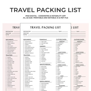 Lista di imballaggio di viaggio stampabile, Lista di controllo per le vacanze, Lista di imballaggio, Pianificatore di vacanze, Lista di viaggio, Lista di imballaggio per le vacanze