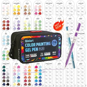 May include: A black rectangular carrying case for Qimiart Color Painting Gel Pen Plus, containing 216 pens in 144 acrylic and 72 glitter colors. The case features a colorful graphic design, text, and two gel pens in blue and purple are shown.