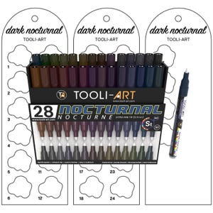 May include: A set of 28 "Nocturne" extra fine tip (0.7mm) markers by Tooli-Art. The markers are in a variety of dark colors, with a single marker displayed to the right. The packaging includes the text "dark nocturnal" and "TOOLI-ART".