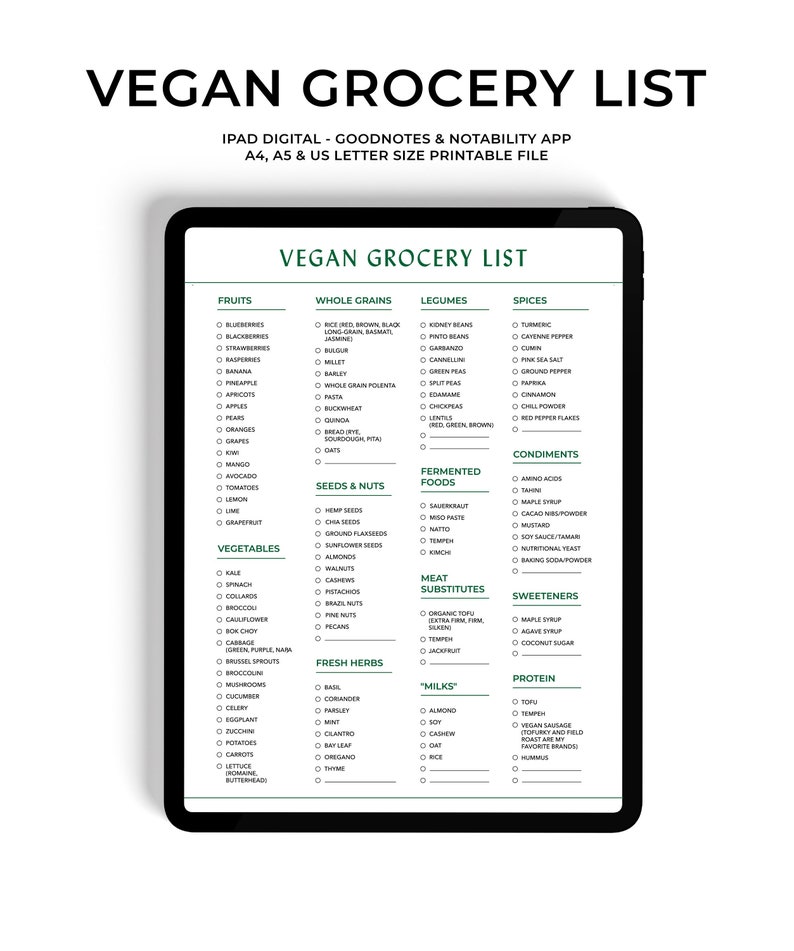 Healthy Grocery List Printable Vegan Grocery Checklist Digital