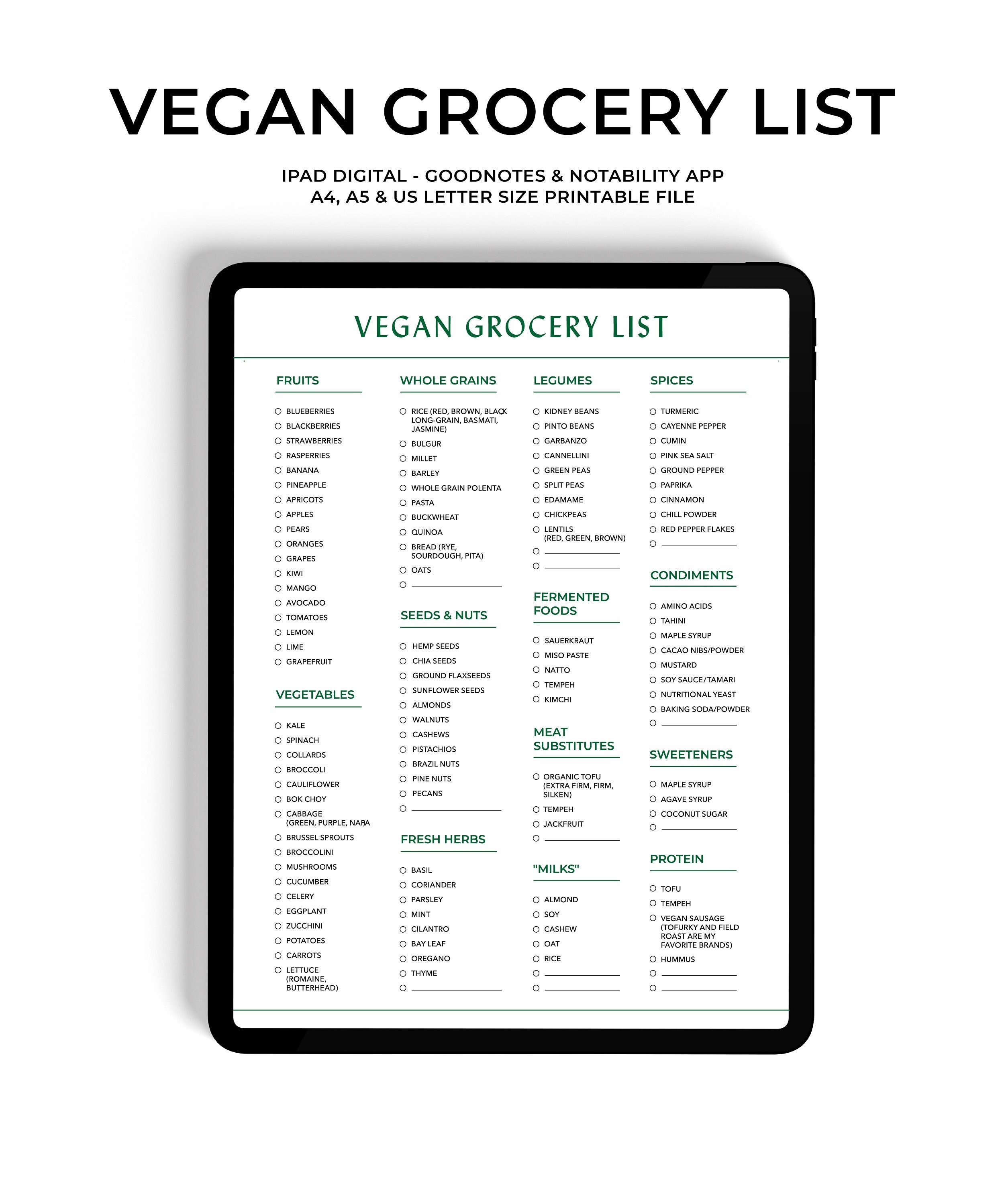 Healthy Grocery List Printable Vegan Grocery Checklist Digital Vegetarian Shopping List Plant ...