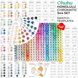 May include: A collection of Ohuhu Honolulu Chromatic 344 Set markers with swatch templates. The image displays a wide array of colors, including pinks, blues, greens, and yellows. The set includes new and old color codes and tabs for color organization. The text "HONOLULU CHROMATIC 344 SET" is visible.