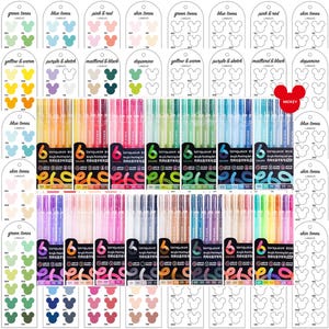 Puede incluir: Una colección de bolígrafos de gel acrílico Lonquo de colores, incluyendo verde, azul, rosa y amarillo. Cada juego contiene seis bolígrafos y está etiquetado con la marca y la palabra "COLORS". También se muestran muestras de color.