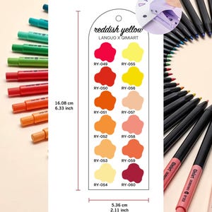 May include: A bookmark with reddish yellow color swatches, labeled with codes. The bookmark is 6.33 inches tall and 2.11 inches wide. The text "reddish yellow" and "LANGUO X QIMIART" are printed on the bookmark. Various colored pens are in the background.
