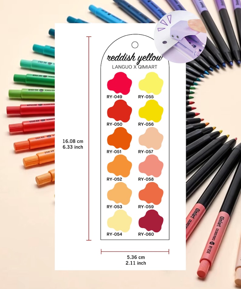 May include: A bookmark with reddish yellow color swatches, labeled with codes. The bookmark is 6.33 inches tall and 2.11 inches wide. The text "reddish yellow" and "LANGUO X QIMIART" are printed on the bookmark. Various colored pens are in the background.