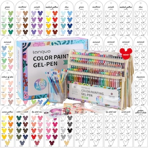 May include: A comprehensive set of 168 gel pens in a variety of colors, including a box and a carrying case. The box reads "Languo COLOR PAINTING GEL-PEN". Color swatches and Mickey Mouse-shaped color charts are also included.