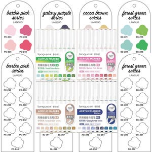 May include: A selection of Languo acrylic markers in sets such as Barbie Pink, Galaxy Purple, Cocoa Brown, and Forest Green. Each set contains 9 colours, with colour swatches and product details displayed.
