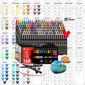 以下が含まれることがあります： フレキシブルチップと水性インクを備えた168本のアクリル絵の具ペンのセット。ペンは、色見本と「ACRYLIC PAINT PENS」と書かれた箱と一緒に表示されます。画像には、描かれた風景とキャンプファイヤーも含まれています。
