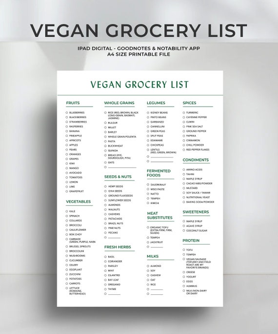 Healthy Grocery List Printable Vegan Grocery Checklist | Etsy