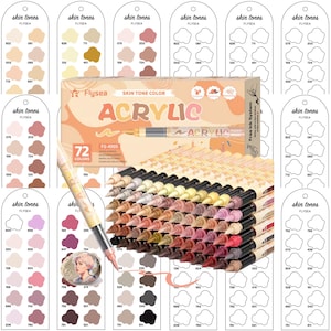 Puede incluir: Un juego de 72 marcadores de pintura acrílica Flysea en varios tonos de piel, presentado en una caja rectangular con el texto "SKIN TONE COLOR ACRYLIC". Los marcadores están apilados y el set incluye varias tarjetas de muestra con contornos numerados para probar los colores de tinta.