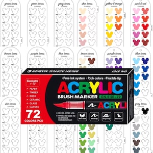 May include: A set of 72 acrylic brush markers in a variety of colors, with a red marker visible. Color swatches are arranged in a grid, with color names like "green tones" and "pink & red". The box reads "ACRYLIC BRUSH MARKER".