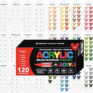 Peut inclure: Un ensemble de 120 marqueurs acryliques à pointe pinceau, présentés avec des nuanciers. Les marqueurs sont dans une boîte noire avec le mot "ACRYLIC" en grandes lettres colorées. La boîte indique également la marque et les caractéristiques.
