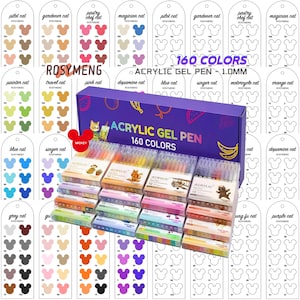 Pode incluir: Uma exibição de 160 canetas de gel acrílico coloridas em uma caixa roxa, com várias caixas menores de canetas abaixo. O texto "ACRYLIC GEL PEN - 1.0MM" e "160 COLORS" são visíveis. Amostras de cores com ilustrações de gatos também são mostradas.