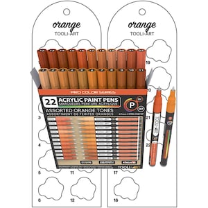 May include: A collection of 22 acrylic paint pens in various orange shades, with 0.7mm extra fine tips. The packaging features the text "Orange Tooli-Art" and "Pro Color Series". Two individual pens are shown.