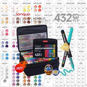 Op de afbeelding: Een Languo acrylmarker-set met 432 stuks in een zwarte draagtas. De set bevat een kleurenkaart, een kleinere zwarte tas met het label Acrylic Marker Pro 432 PCS en twee markers. Een beschilderd ei en een blauwe inktstreep zijn ook zichtbaar.