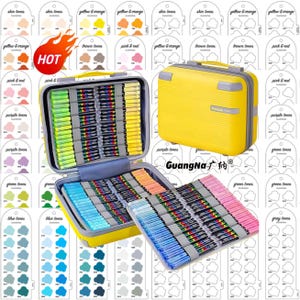 May include: A yellow carrying case with a handle, containing multiple sets of colorful markers. The case is open, revealing organized rows of markers in various shades. Color swatches are visible in the background, along with the word "HOT".