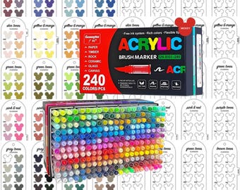 GuangNa 240-delig acryl penseel markeringen staal - digitale PDF penseel markeringen staal sjabloon kleurstaal afdrukbare sjabloon direct downloaden