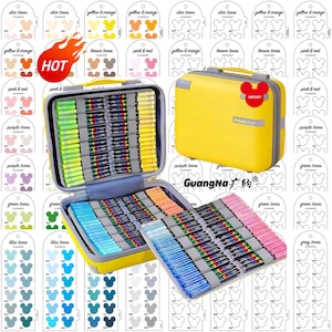 May include: A yellow carrying case with a handle, containing multiple sets of colorful markers. The case is open, revealing rows of markers in various shades. Color swatches are displayed in the background, with the word "HOT" in a flame.