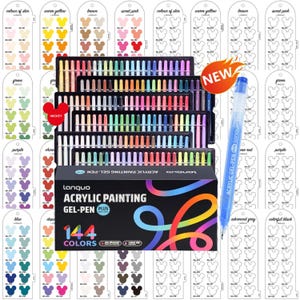 Peut inclure: Un ensemble de 144 stylos gel pour peinture acrylique dans une boîte noire avec des lignes graphiques colorées. Le kit comprend plusieurs plateaux de stylos, un stylo gel bleu et des nuanciers blancs avec des contours de têtes de Mickey Mouse.