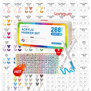 May include: A Languo acrylic marker set containing 288 soft tip markers in a rectangular carrying case. The set includes a wide variety of coloured markers, with a colour chart background displaying various series like skin, yellow, and blue tones.