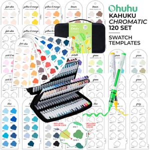May include: Ohuhu Kahuku Chromatic 120 set of swatch templates and markers. Includes a black carrying case, numerous white paper swatch cards with colour-coded cloud shapes, and two markers with green and yellow ink. Text reads Ohuhu Kahuku Chromatic 120 Set Swatch Templates.