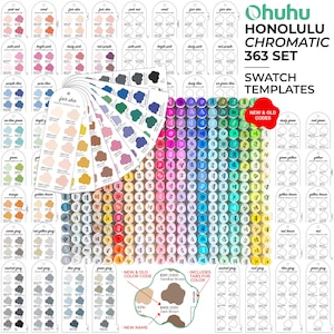 Op de afbeelding: Een verzameling Ohuhu Honolulu Chromatic 363 Set markers, gerangschikt in een raster, met een breed scala aan kleuren. Kleurstalen en kleurcode details zijn ook zichtbaar. De afbeelding bevat de tekst "NEW & OLD CODES" en "SWATCH TEMPLATES".