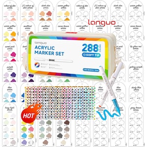 May include: A Languo acrylic marker set containing 288 soft tip markers in a rectangular carrying case. The set includes a wide variety of colors, with two markers displayed in front and a color chart background showing various color series.