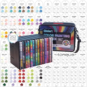以下が含まれることがあります： 黒いキャリングケースに入った252本のカラーペイントペンセット。ペンは黒いオーガナイザーに配置され、さまざまな色が含まれています。カラー見本はタグに表示されます。ケースには「Qimiart COLOR PAINTING PEN Supreme Edition」と書かれています。