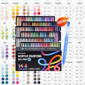 May include: A set of 144 acrylic painting gel pens in a black box with the text "LANGUO ACRYLIC PAINTING GEL-PEN PLUS 144 COLORS". The set includes multiple trays of pens in various colors, a single blue gel pen, and several color swatch cards.
