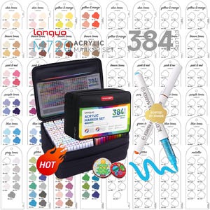 Peut inclure: Un ensemble de marqueurs acryliques Languo contenant 384 couleurs dans une trousse noire. Le set comprend de nombreux marqueurs organisés par teinte, avec un nuancier en arrière-plan affichant diverses catégories comme les tons chair, bruns et bleus.