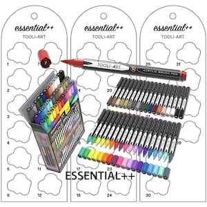 May include: A collection of essential++ TOOLI-ART acrylic brush pens in various colors. The image shows a box of 36 pens, individual pens, and color charts with the brand name and product details.