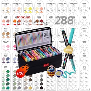 Puede incluir: Un estuche negro con 288 marcadores acrílicos de punta suave, organizados por tono. El set incluye dos marcadores individuales, uno con tapa y punta turquesa, y un pequeño huevo pintado. El fondo muestra una tabla de colores.