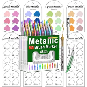 May include: A set of 48 metallic brush markers in a clear plastic case. The markers are in various colors, with color swatches on display cards. The box reads "Metallic Brush Marker" and "48 Colors".