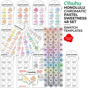May include: A set of Ohuhu Honolulu Chromatic Pastel Sweetness 48 markers with swatch templates. The image displays the markers, color swatches, and text labels, including "New & Old Codes" and "Includes Tabs for Color."