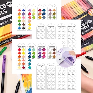 May include: A collection of art supplies, including colored pencils and markers. The image shows a box of 96 colored pencils, a set of 12 colored pencils, and several markers. Color swatches are also visible, with color names like "classic colors" and "candy colors."