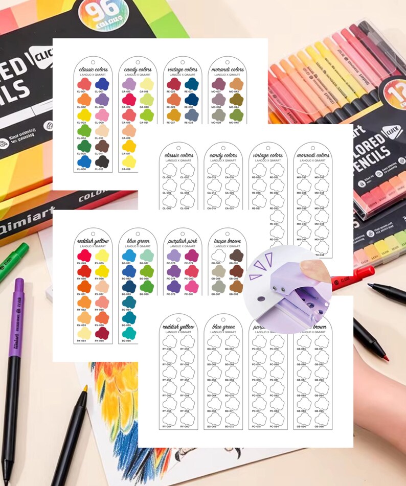 May include: A collection of art supplies, including colored pencils and markers. The image shows a box of 96 colored pencils, a set of 12 colored pencils, and several markers. Color swatches are also visible, with color names like "classic colors" and "candy colors."