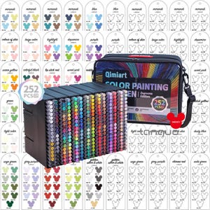 May include: A set of 252 color painting pens in a black carrying case. The pens are arranged in a black organizer, showcasing a wide array of colors. The case features the text "Qimiart COLOR PAINTING PEN Supreme Edition" and a Mickey Mouse logo.