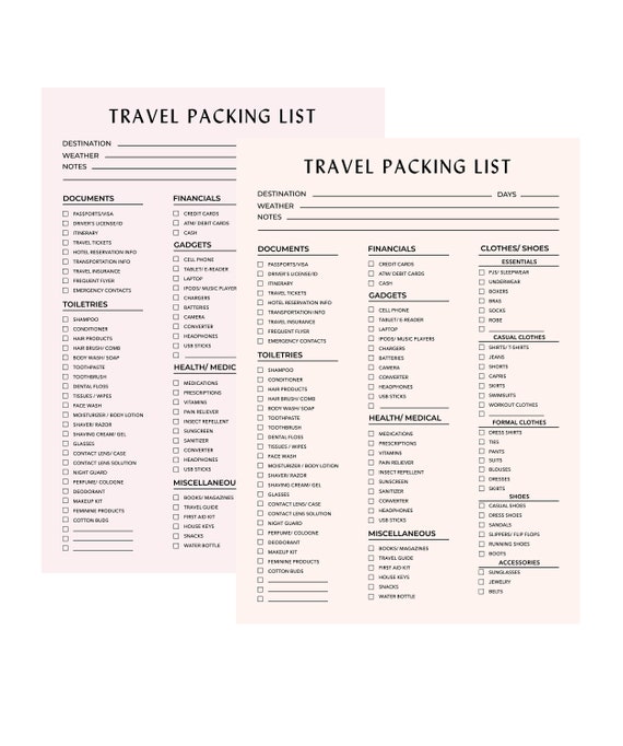 Buy Travel Packing List Printable, Vacation Checklist, Packing