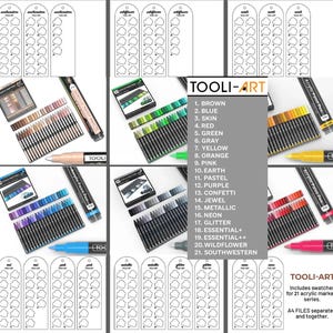 Peut inclure: Présentation de stylos de peinture acrylique et d'échantillons de couleurs. L'image montre des ensembles de stylos de couleurs variées, notamment marron, bleu et vert, ainsi qu'un nuancier de 21 teintes. La marque "TOOLI-ART" est visible.
