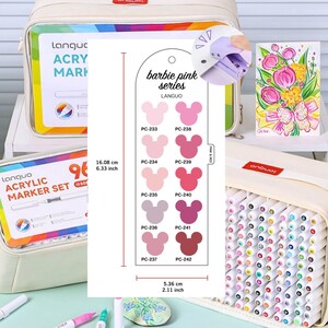 May include: A set of 96 acrylic markers in a canvas case, with a color chart featuring a "barbie pink series" of shades. The chart is 2.11 inches wide and 6.33 inches tall.