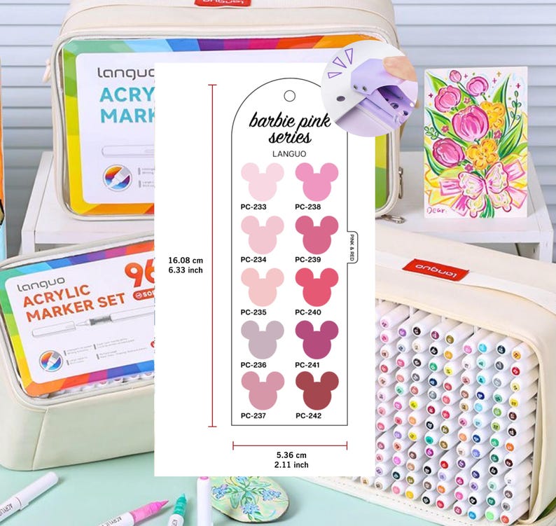 May include: A set of 96 acrylic markers in a canvas case, with a color chart featuring a "barbie pink series" of shades. The chart is 2.11 inches wide and 6.33 inches tall.