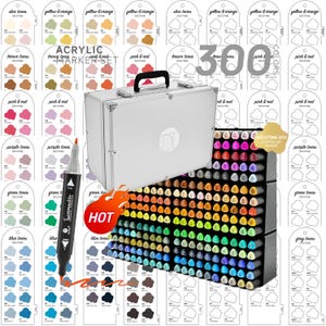 Peut inclure: Un ensemble de 300 marqueurs acryliques comprenant une mallette de transport argentée, un support de rangement noir rempli de marqueurs colorés et un marqueur individuel à double pointe fine et large, avec des nuanciers assortis.