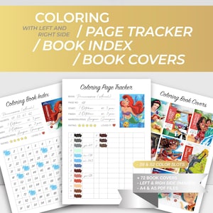 Può includere: Un set digitale stampabile che include un indice per libri da colorare, un tracker delle pagine con un'illustrazione di Ariel e un foglio di copertine. Le pagine contengono griglie, valutazioni a stelle e campi per il monitoraggio.