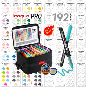 May include: A black case containing 192 coloured markers, branded as "Languo PRO". Two acrylic markers, one black and one teal, are shown. Colour swatches and a "HOT NEW" sticker are also visible. The image displays a wide range of colours.